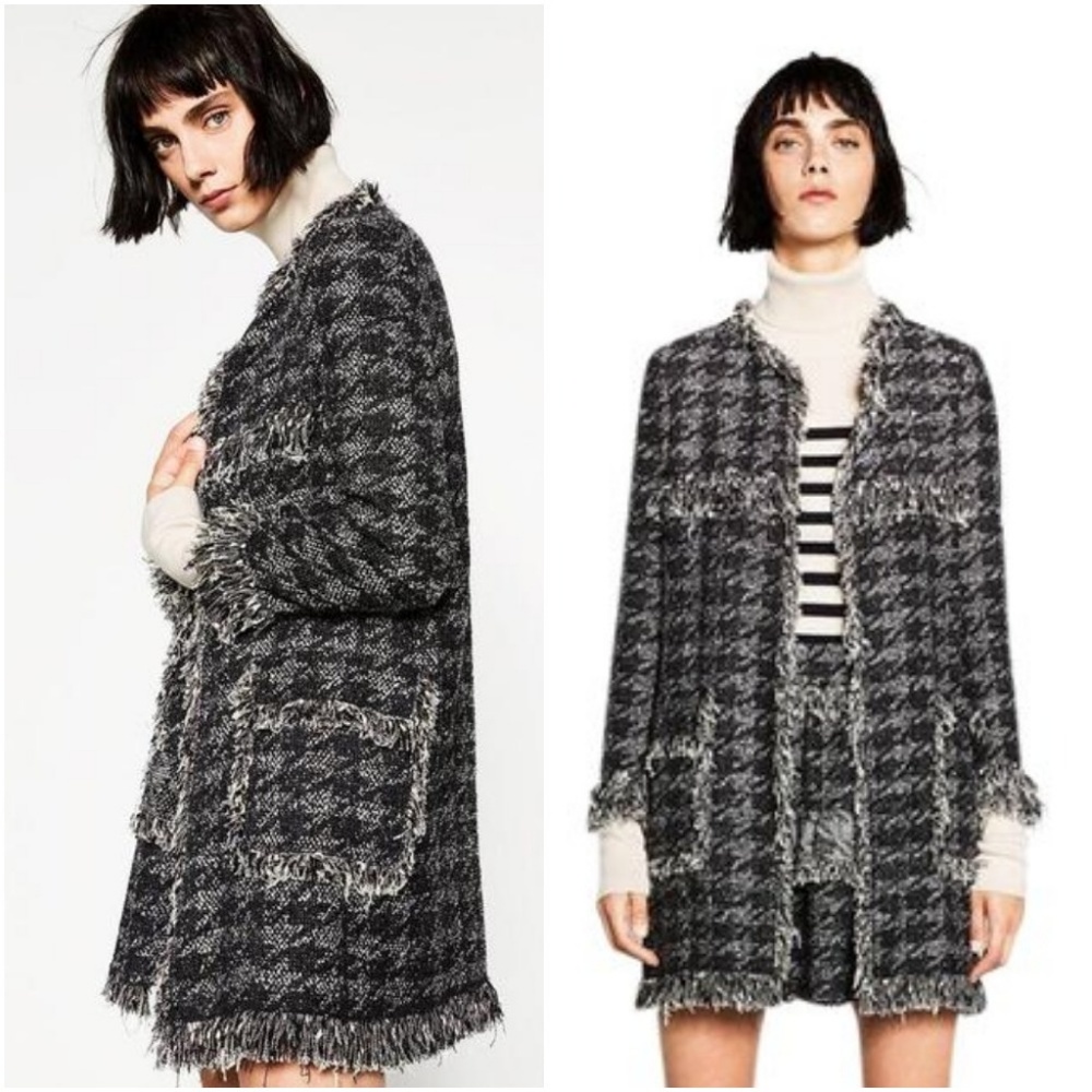 Zara Size S Houndstooth Frayed Jacket